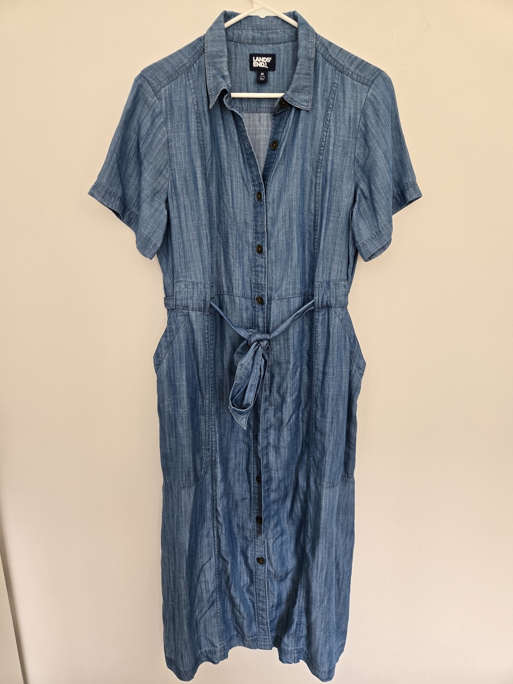 Lands' End Blue Button-Front Midi Denim Shirt Dress Normcore Minimalist Med